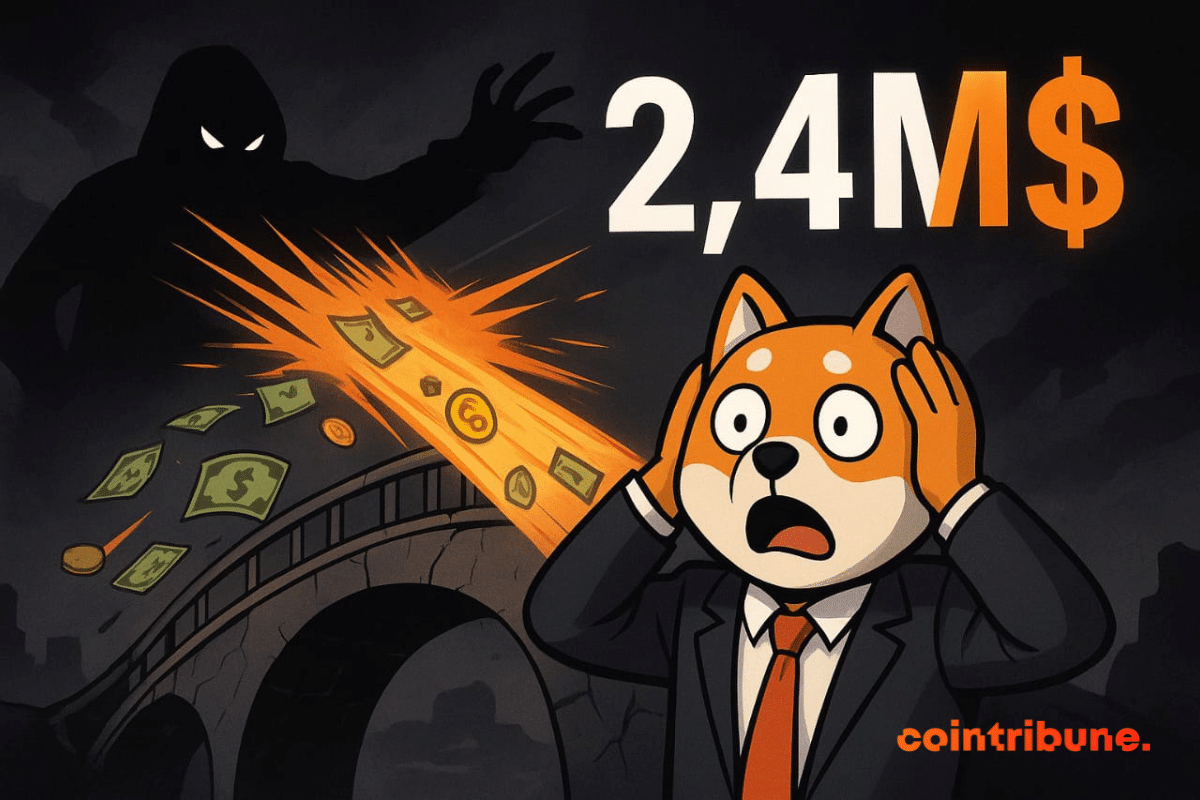 Shiba Inu shocked on a cracked bridge, money being sucked by a dark silhouette, glowing .4M figure.