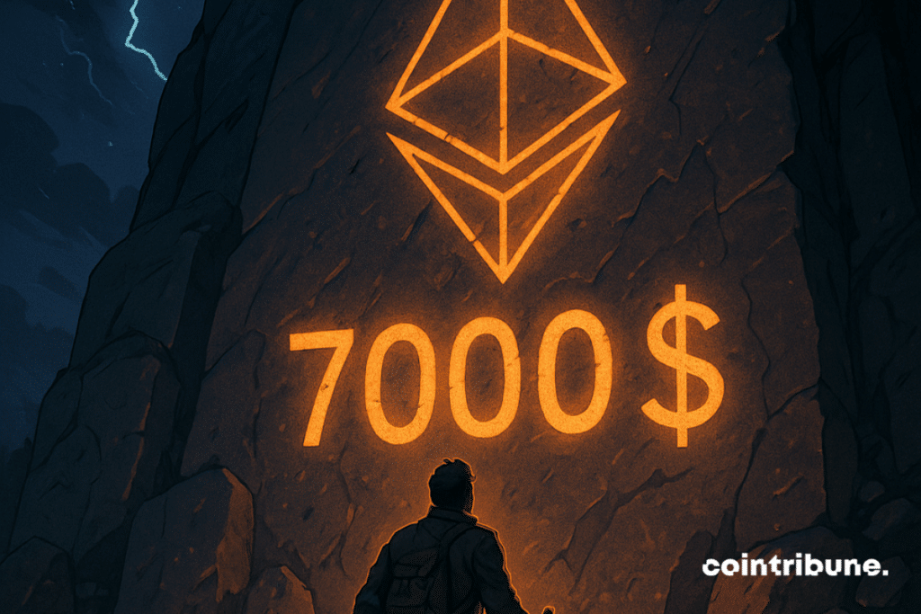 Un aventurier découvre une gravure lumineuse d’Ethereum marquée "7000 $" sur une falaise mystique et menaçante.