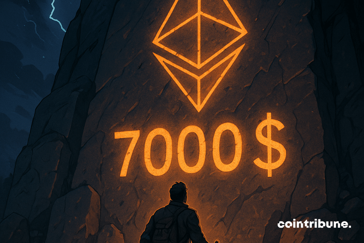 An adventurer discovers a glowing etching of Ethereum marked ",000" on a mystical and ominous cliff.