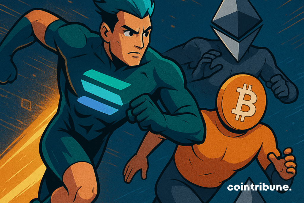 Course stylisée entre Solana, Bitcoin et Ethereum dans un style comics rétro, ambiance dynamique et technologique orange.