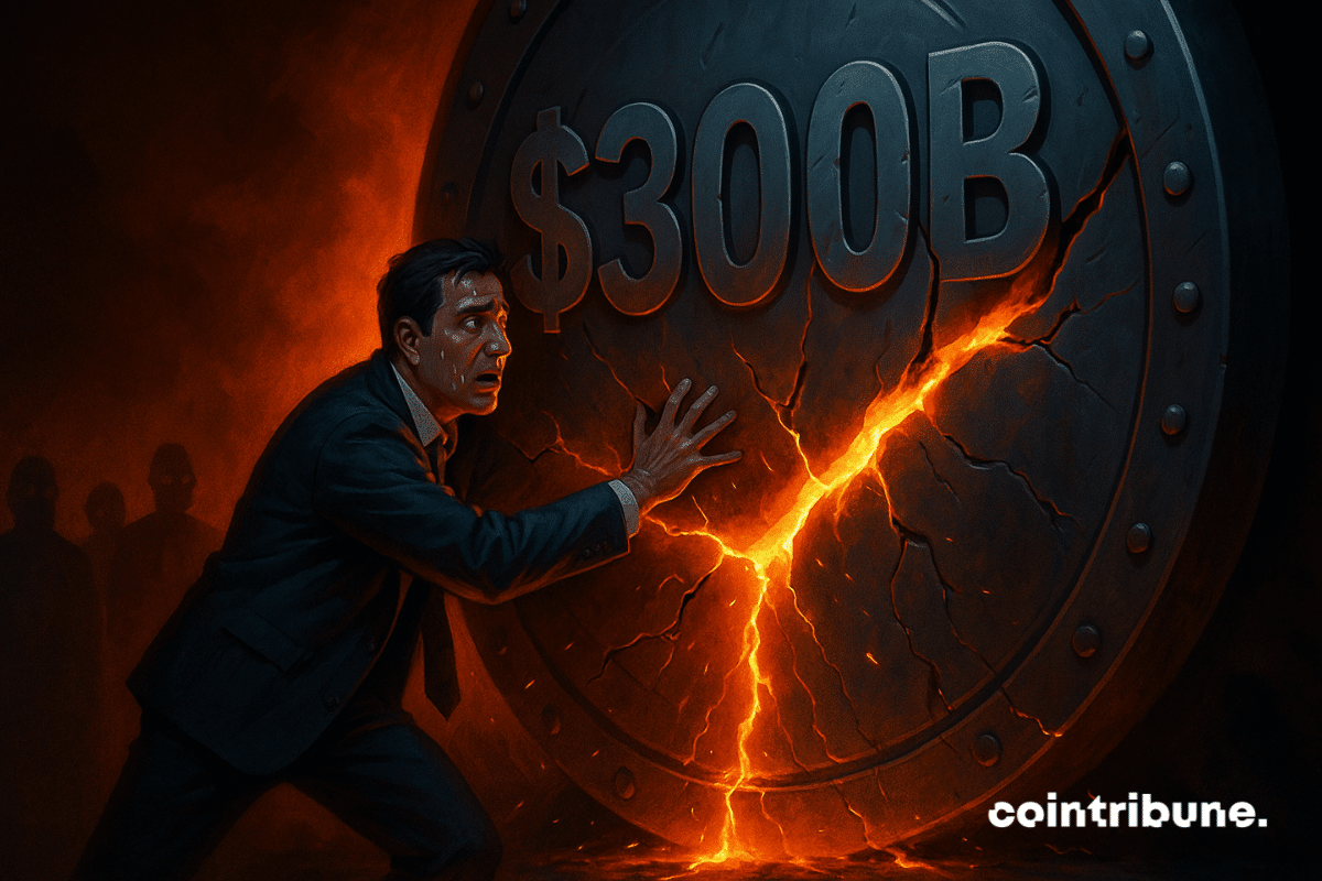 Smiling man stands by cracked $300B vault glowing orange, representing the stablecoin market.