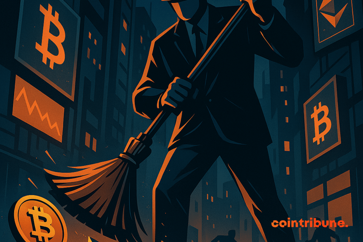 Giant silhouette sweeps Bitcoin and Ethereum in a futuristic city, symbolizing the crypto purge.