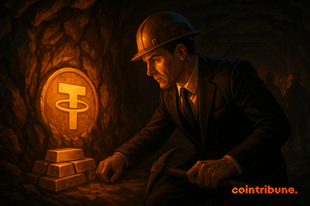 A man in a suit discovers a golden Tether token in a mine, illuminated by an intense orange light.