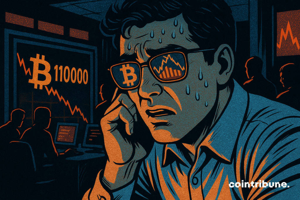 Um trader em pânico e suado olha para uma tela. Reflexos da queda do Bitcoin em seus óculos. A tensão é palpável e o clima é sombrio.