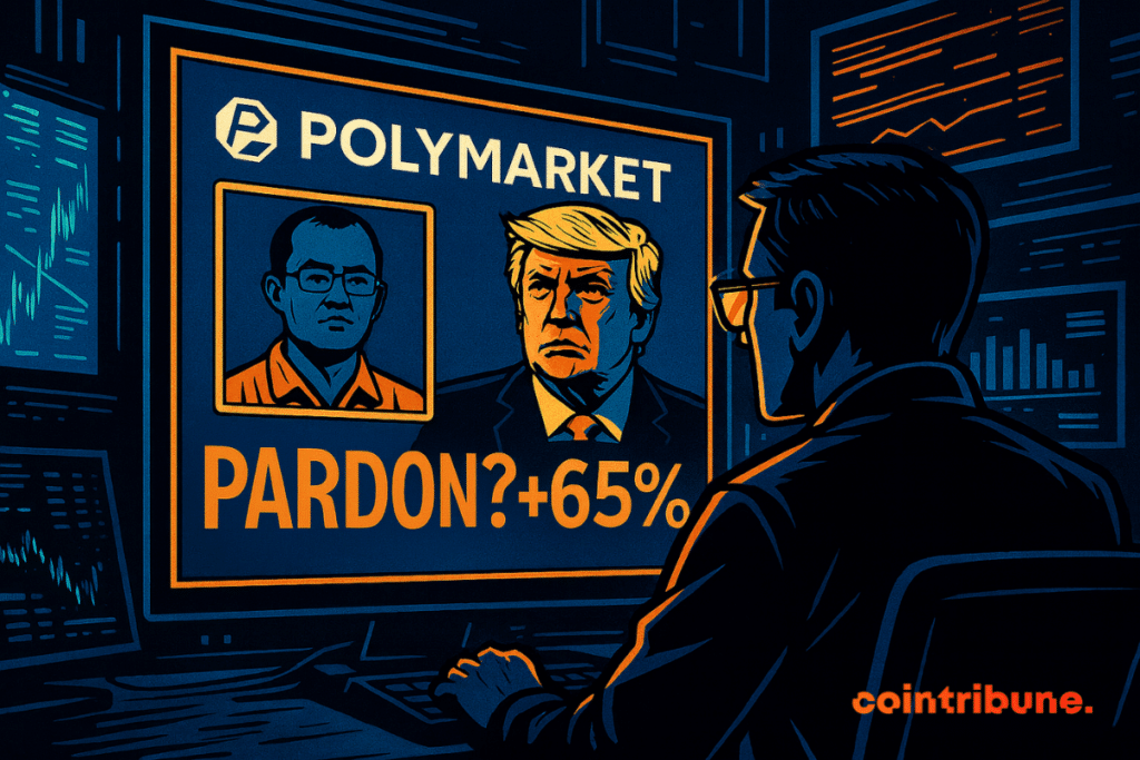 A man watches a screen showing Trump and CZ with the caption “PARDON? +65%” in a dark and tense atmosphere.