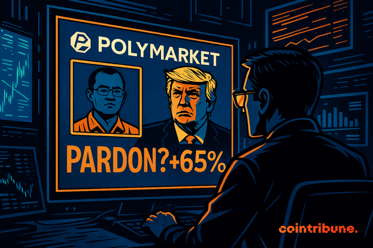 A man watches a screen showing Trump and CZ with the caption “PARDON? +65%” in a dark and tense atmosphere.