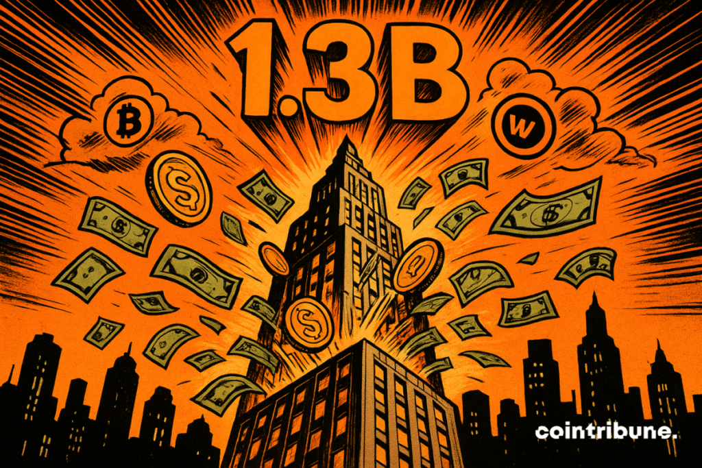 Uma Trump Tower em estilo de história em quadrinhos explode com moedas e notas de dólar, com um “1.3B” brilhante acima dela e símbolos de mercado no céu laranja.