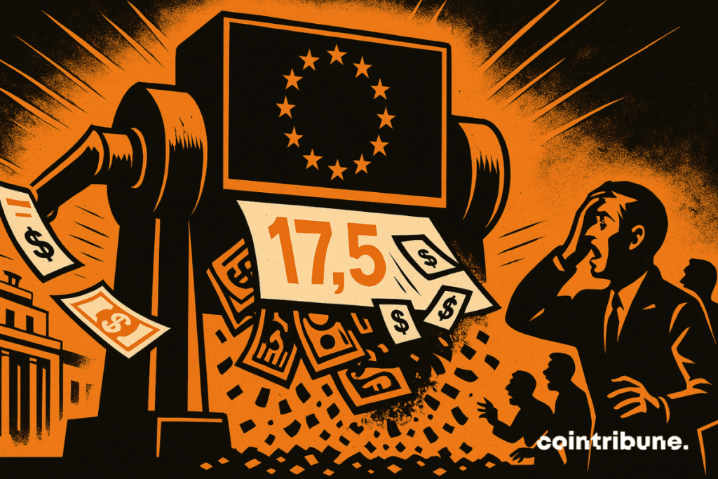 A giant stylized crushing machine, inspired by a mechanical press, prominently displays the yellow stars of the European Union on its front, symbolizing the regulator. Bundles of banknotes, bonds, and financial documents marked with the number 17.5 are sucked into the machine. On the other side, they emerge as black confetti, symbolizing the destruction of catastrophe bond funds within UCITS portfolios.