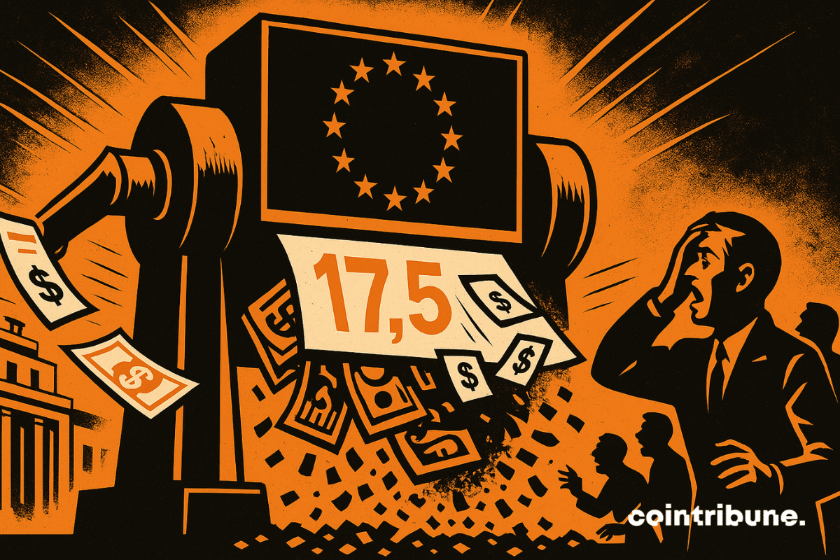 A giant stylized crushing machine, inspired by a mechanical press, prominently displays the yellow stars of the European Union on its front, symbolizing the regulator. Bundles of banknotes, bonds, and financial documents marked with the number 17.5 are sucked into the machine. On the other side, they emerge as black confetti, symbolizing the destruction of catastrophe bond funds within UCITS portfolios.