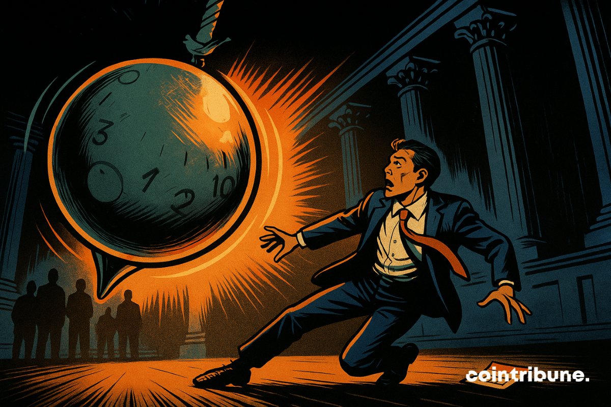 In a monumental hall inspired by the neo-classical style of the U.S. Federal Reserve, a New York Wall Street trader leans back dramatically to avoid the swing of a massive Fed pendulum above him, symbolizing the anticipation of an interest rate cut.