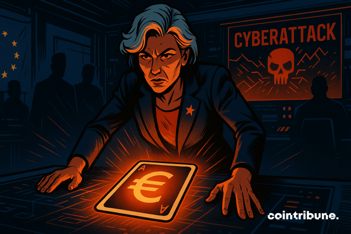 A determined leader plays her last card against a cyberattack, symbolizing the digital defense of the euro.
