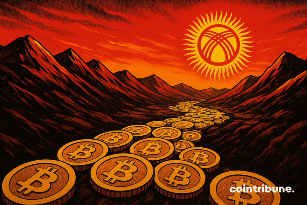 The image depicts a dramatic mountain landscape in a 1970s comic book style. A wide river made of golden Bitcoin coins winds between the dark mountains, leading the eye towards the horizon. Above the peaks, a large, blazing sun dominates the red-orange sky; it echoes the symbol of the Kyrgyzstan flag with its rays and the yurt motif in the center. The whole thing exudes an atmosphere that is both epic and symbolic, merging nature, digital wealth, and national identity.