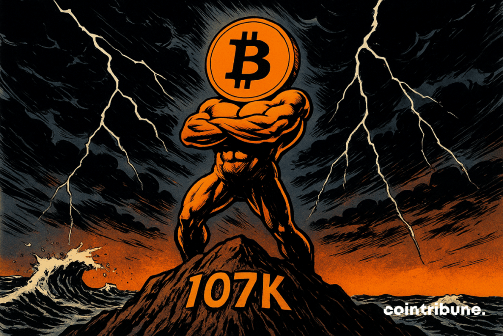 Un Bitcoin titánico se alza en la cima de una montaña tormentosa, resplandeciente de poder, con “107K” grabado en la roca.