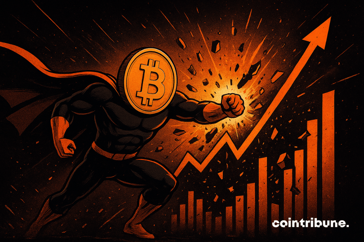 Bitcoin héroïque, musclé, brandit un trophée "8%" sur un podium "2023", surpassant "2012", ambiance triomphale, foule en liesse.