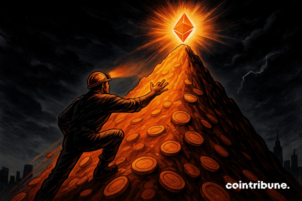 A miner climbs a glowing coin mountain toward a radiant crystal, under stormy skies and city shadows.