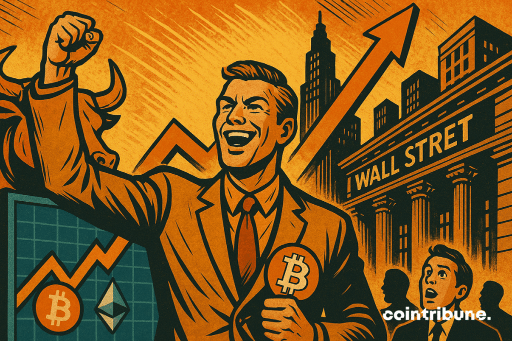 A triumphant man holds up a Bitcoin in front of Wall Street, accompanied by a bull and a sharply rising crypto chart.