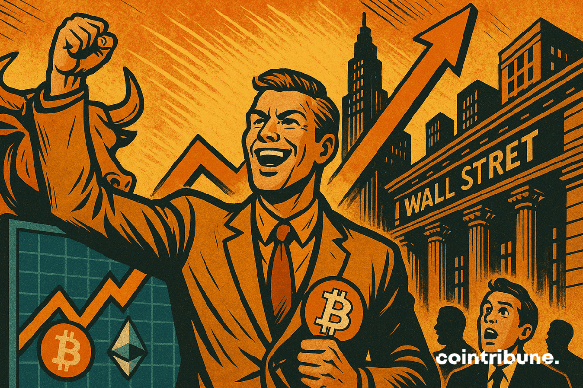 A triumphant man holds up a Bitcoin in front of Wall Street, accompanied by a bull and a sharply rising crypto chart.