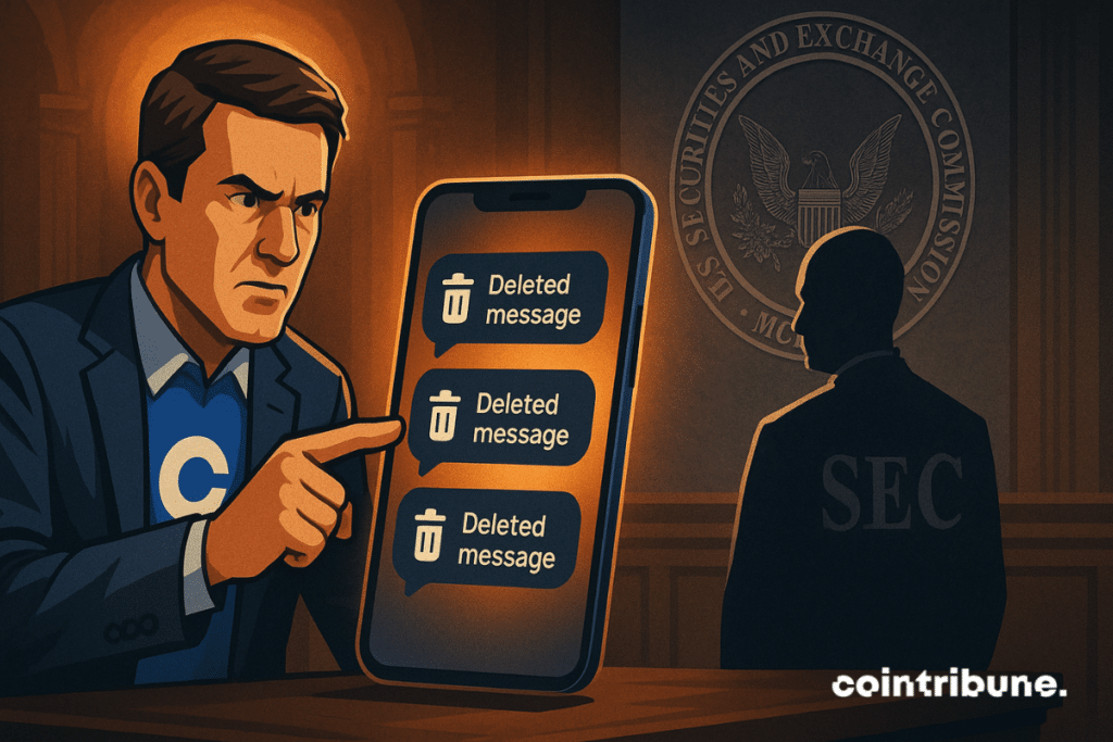Coinbase confronta a SEC: smartphone exibindo mensagens apagadas, atmosfera tensa, silhueta ameaçadora, confronto dramático sob iluminação laranja.