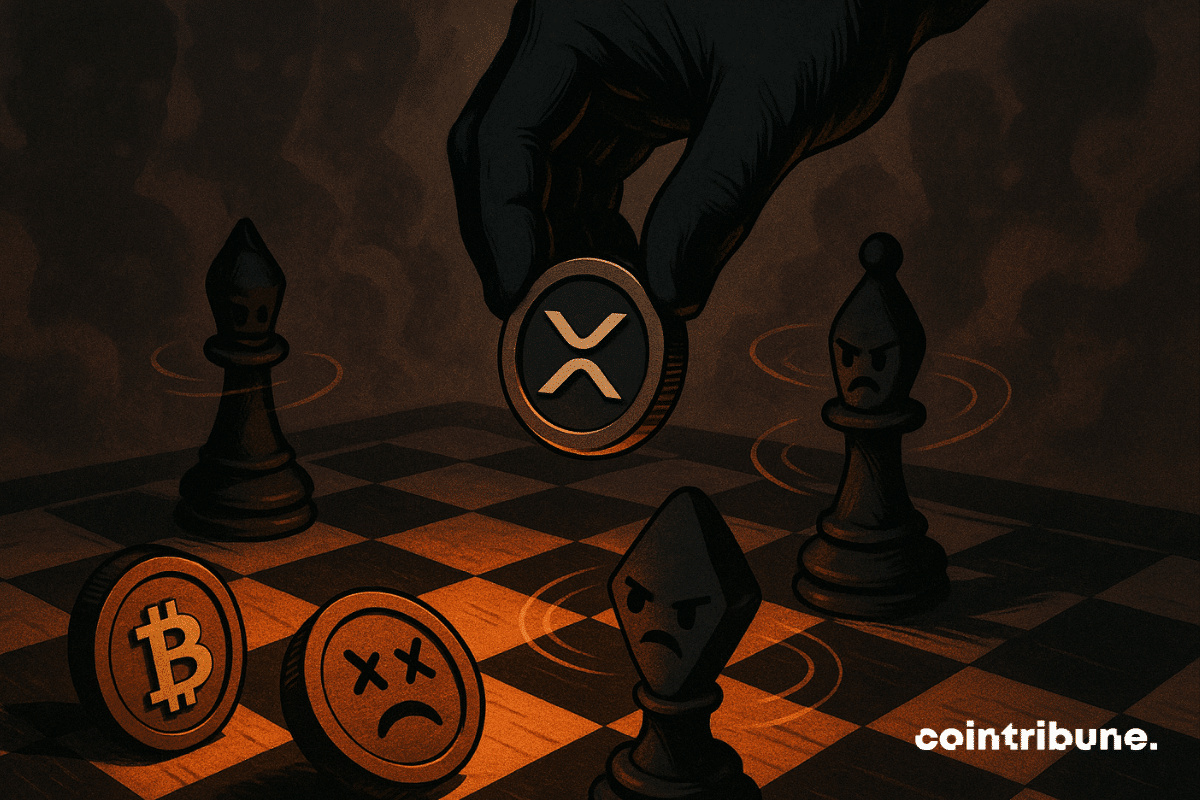 Gloved hand moving an XRP piece on a crypto chessboard under dramatic orange lighting.