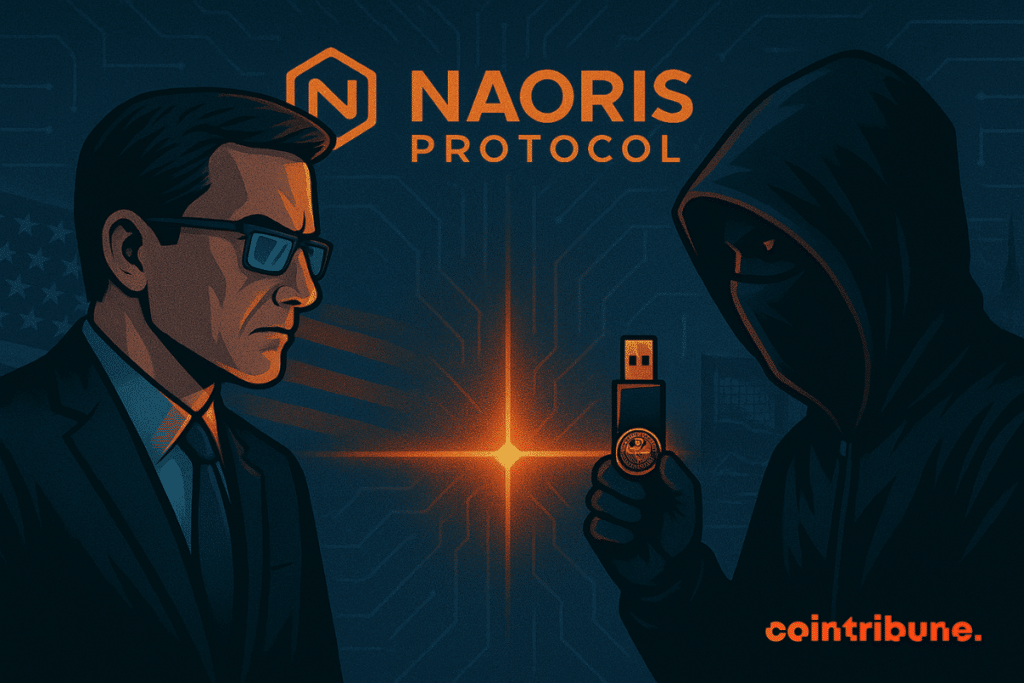 A government official faces a hooded hacker holding a USB stick labeled with a security seal, under the Naoris Protocol logo, symbolizing cybersecurity threats and the need for decentralized trust infrastructure.