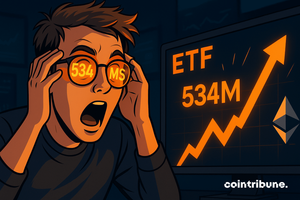 Un investisseur stupéfait découvre une explosion des ETF Ethereum à 534M$, reflet lumineux orange dans ses lunettes, ambiance électrique