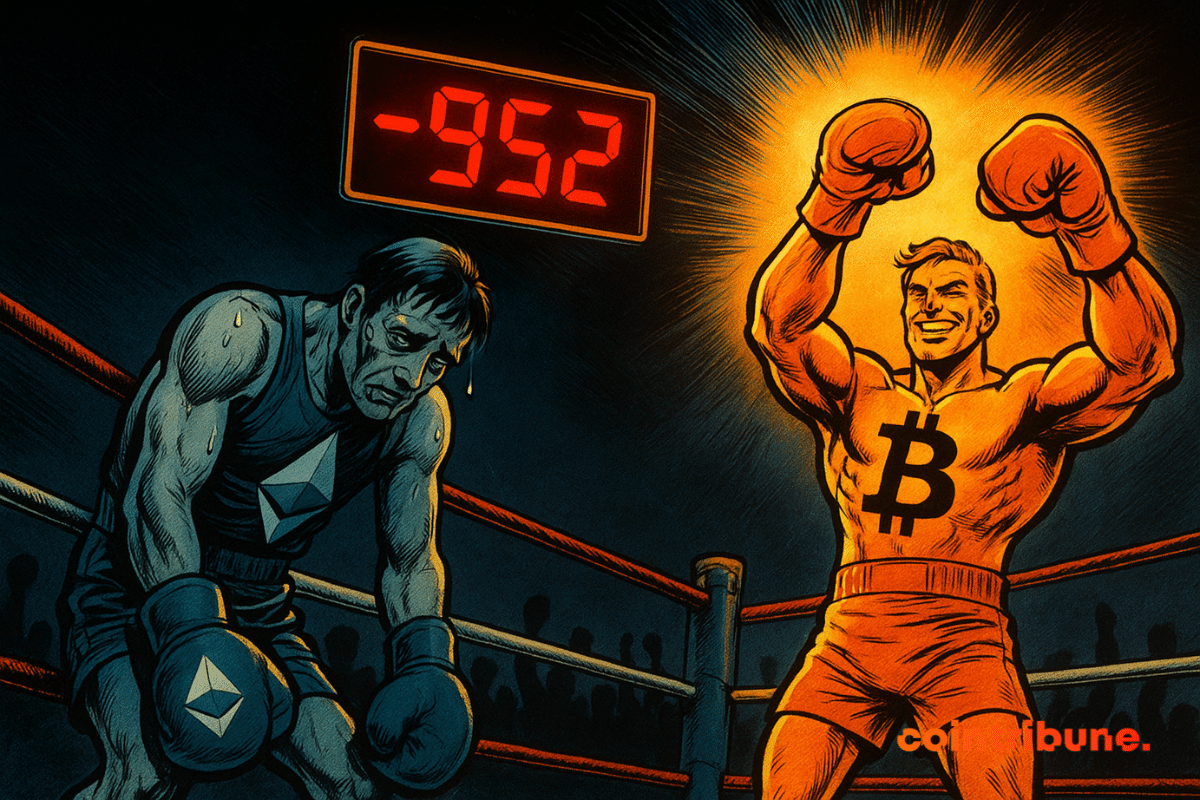 Ethereum despenca em derrota enquanto Bitcoin brilha vitorioso em um confronto de boxe em estilo cômico, com -952 brilhando acima.