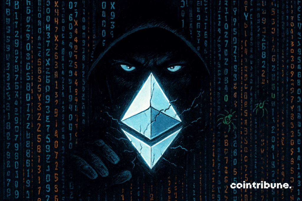 Los ojos brillantes de un hacker encapuchado emergen de un código en cascada mientras un logotipo de Ethereum agrietado irradia una luz inquietante.