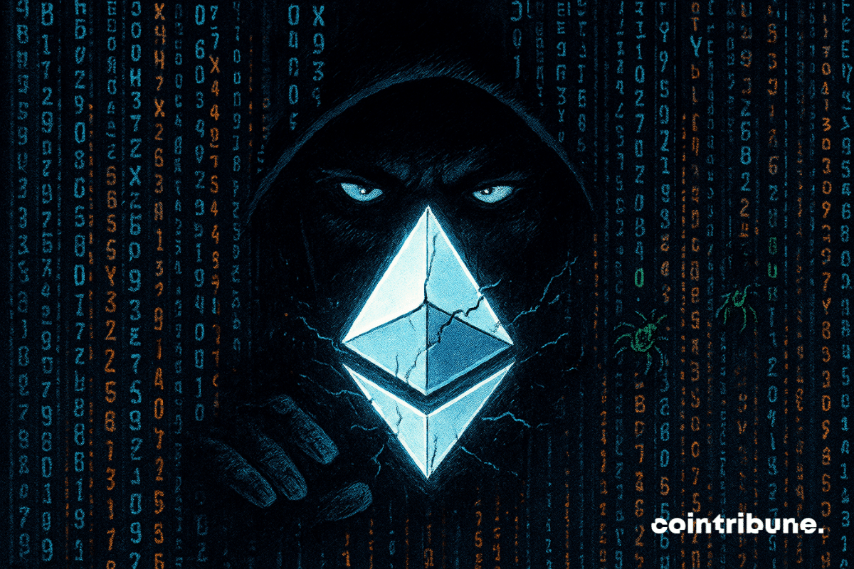 Os olhos brilhantes de um hacker encapuzado emergem de um código em cascata enquanto um logotipo do Ethereum quebrado irradia uma luz assustadora.