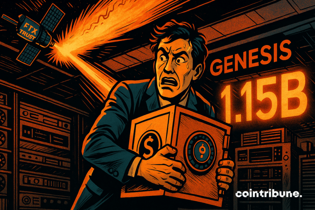 Um homem em pânico protege um cofre digital, enquanto um satélite FTX ataca um centro de criptomoedas Genesis em chamas.