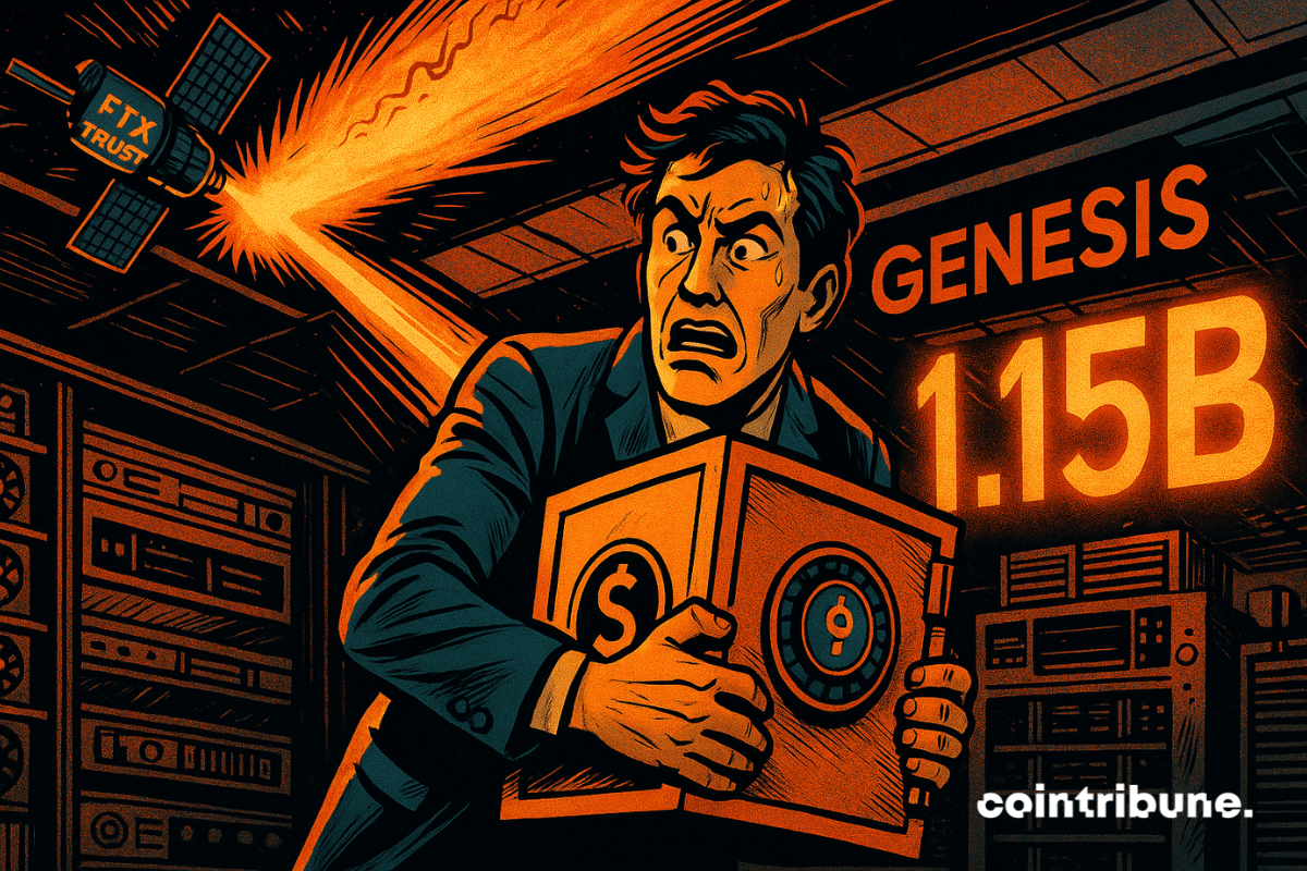 A panicked man protects a digital safe, while an FTX satellite attacks a burning Genesis crypto center.
