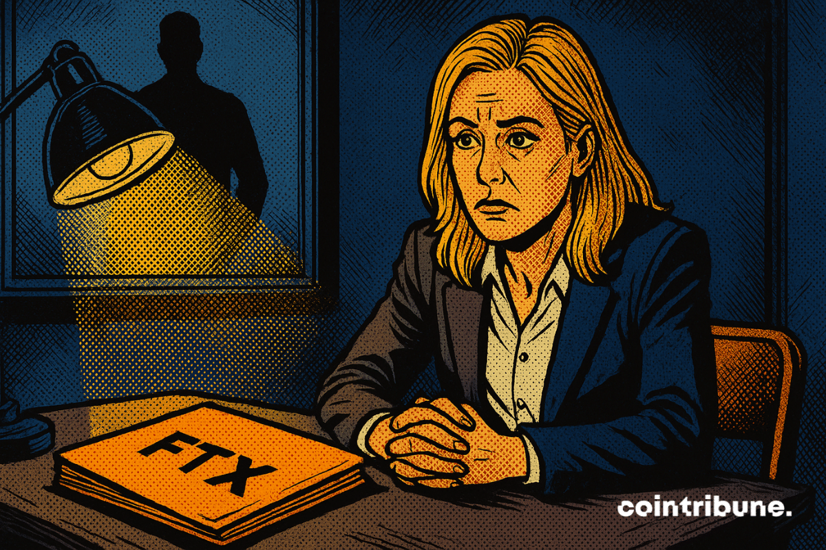 An anxious woman being questioned, dramatically lit, facing an FTX file. Mysterious male silhouette behind a window.