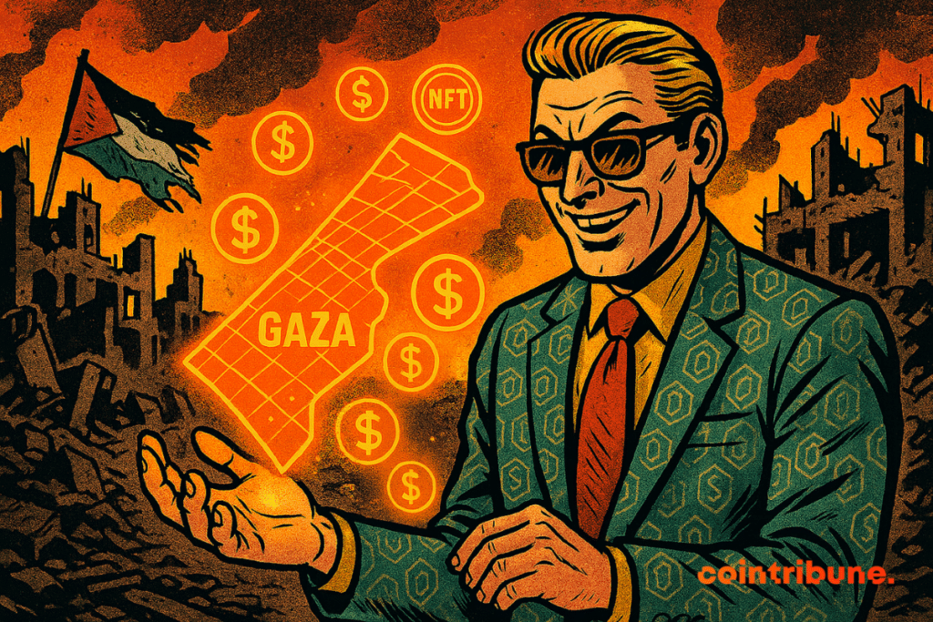 Un hombre sonriente con traje presenta un mapa digital de Gaza rodeado de signos de dólar y NFT, con un fondo de ruinas y la bandera palestina.