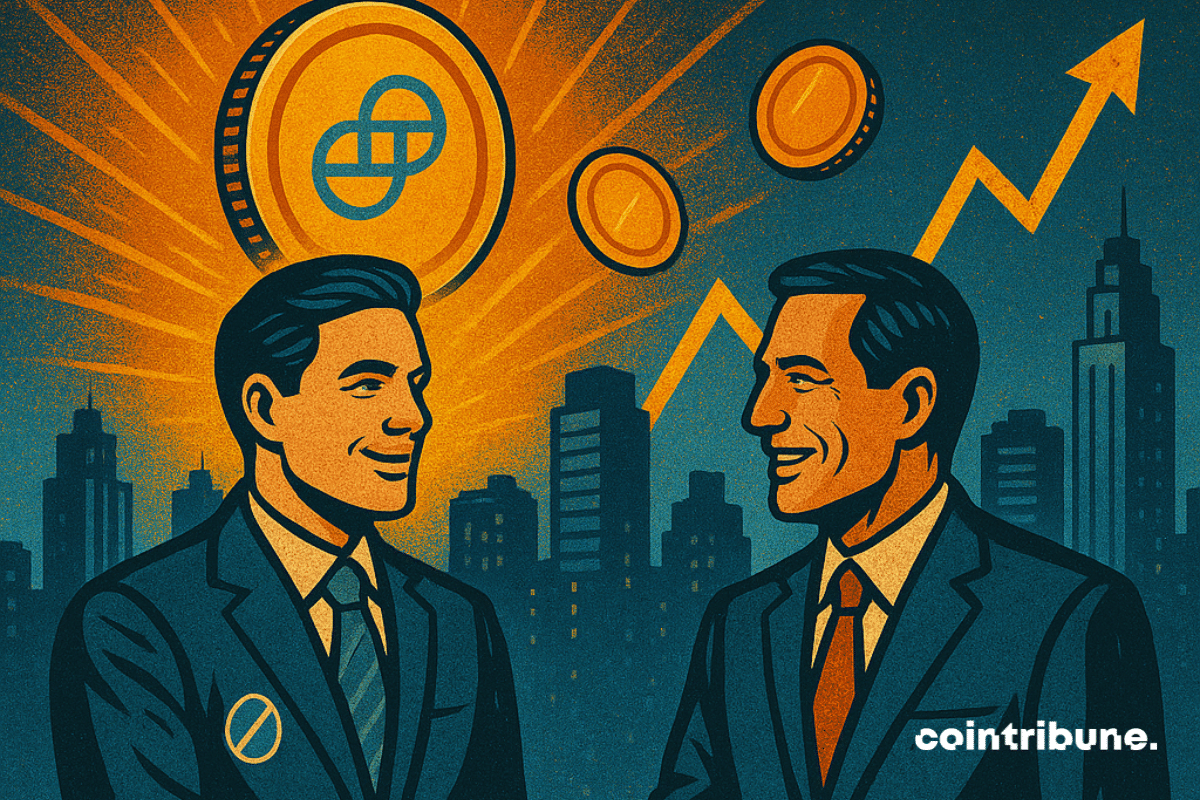 Ilustração de dois empresários de terno apertando as mãos em frente ao horizonte de uma cidade, com o logotipo da Gemini acima deles, moedas subindo e uma seta ascendente, simbolizando o lançamento do IPO da Gemini e suas ambições de mercado.