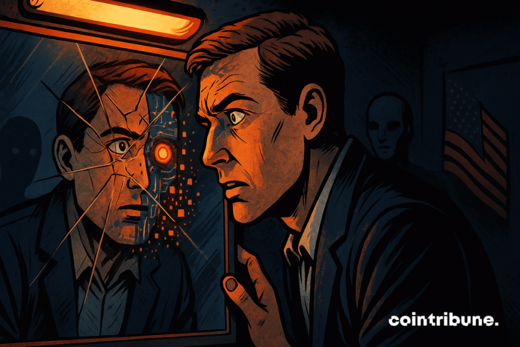 An American man discovers his reflection—half AI, half cybernetic—in a broken mirror, illuminated by an eerie orange light.