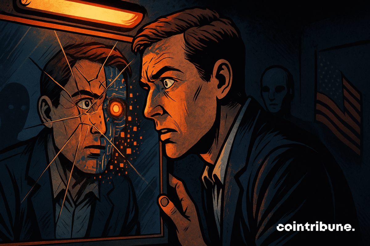 An American man discovers his reflection—half AI, half cybernetic—in a broken mirror, illuminated by an eerie orange light.