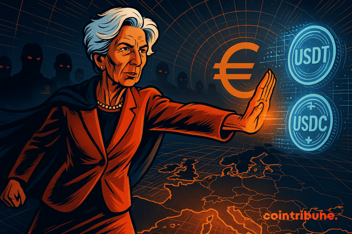 Christine Lagarde firmly blocks the USDT and USDC stablecoins, symbolizing Europe's defense against foreign digital currency invasion.