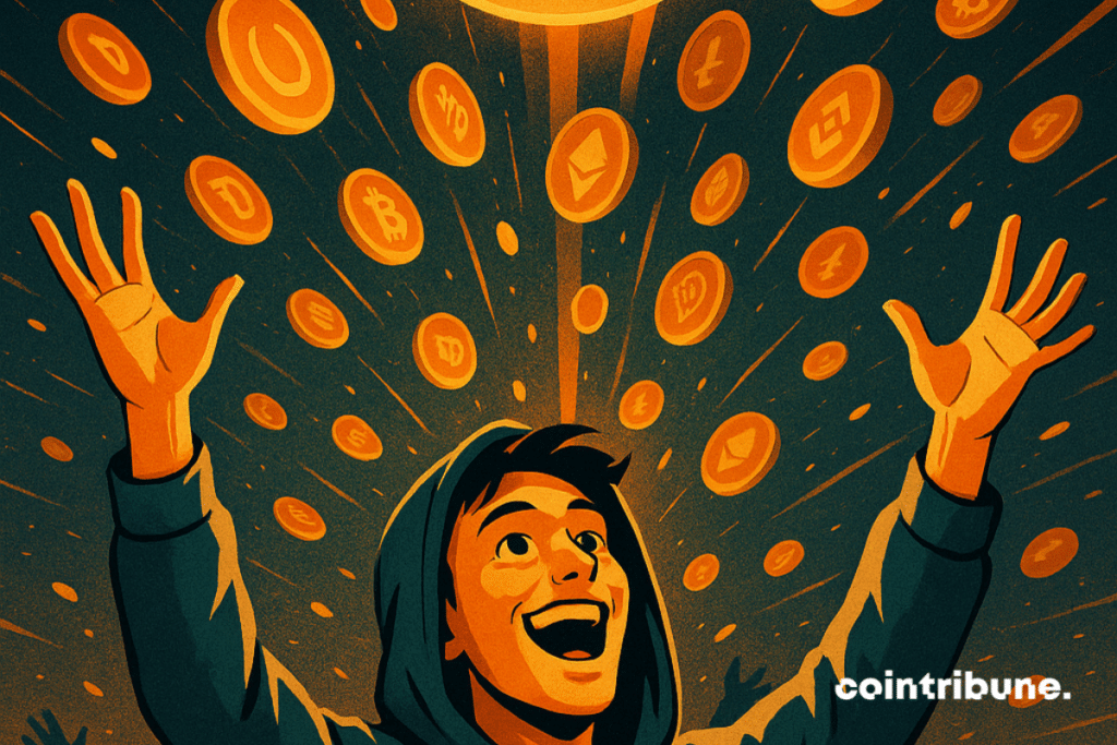 Un jeune trader euphorique lève les bras sous une pluie de tokens cryptos avec "171B$" en évidence.