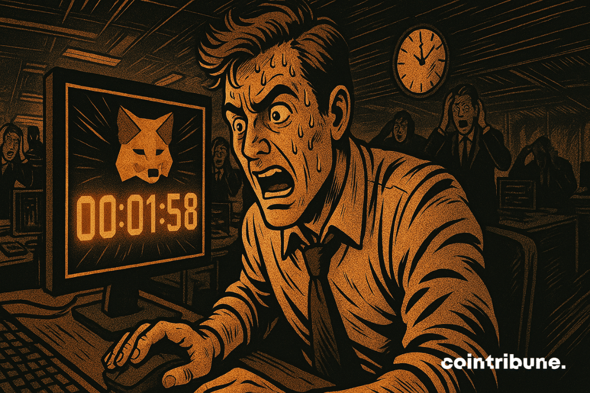 A panicked trader stares at a screen displaying a MetaMask countdown, the atmosphere electric, tension extreme, sweat and chaos palpable.