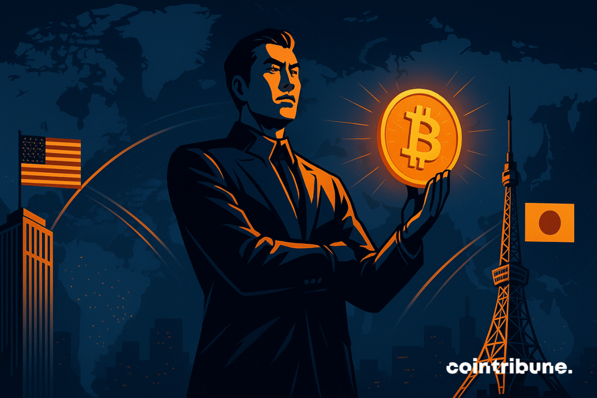 A Japanese strategist holds a glowing Bitcoin between an American skyscraper and Tokyo Tower, symbolizing Metaplanet's global expansion.