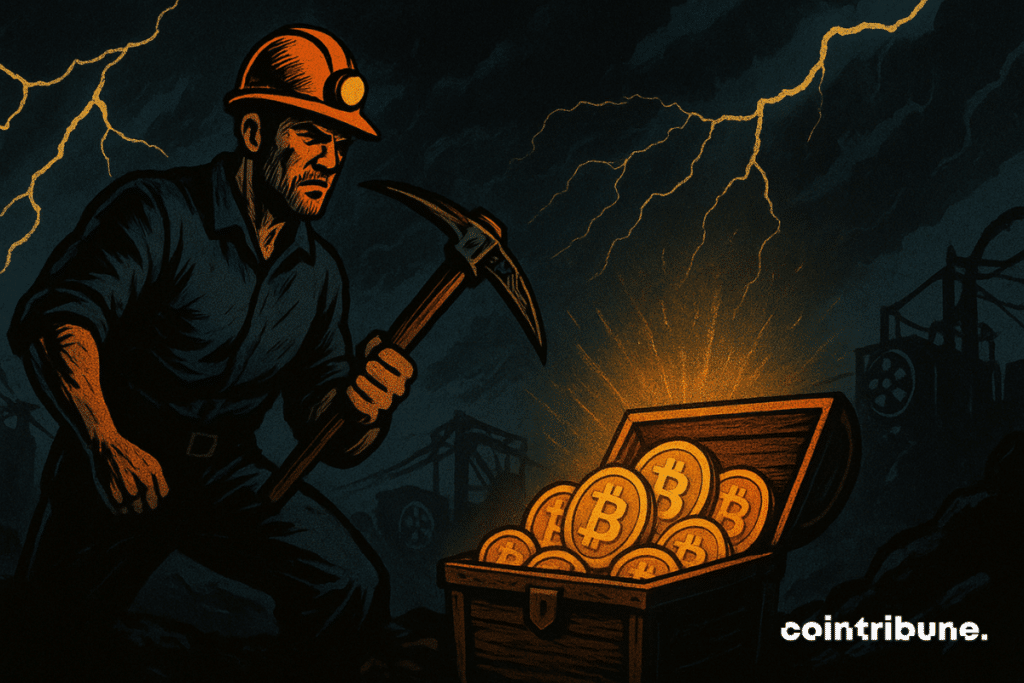 Un minero decidido se enfrenta a una tormenta eléctrica, blandiendo su pico frente a un cofre rebosante de Bitcoins brillantes, creando una atmósfera dramática.