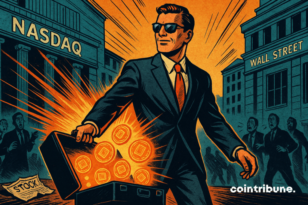 A charismatic Nasdaq agent unveils glowing tokens, shocking Wall Street, which is frozen in place by the arrival of tokenized securities.