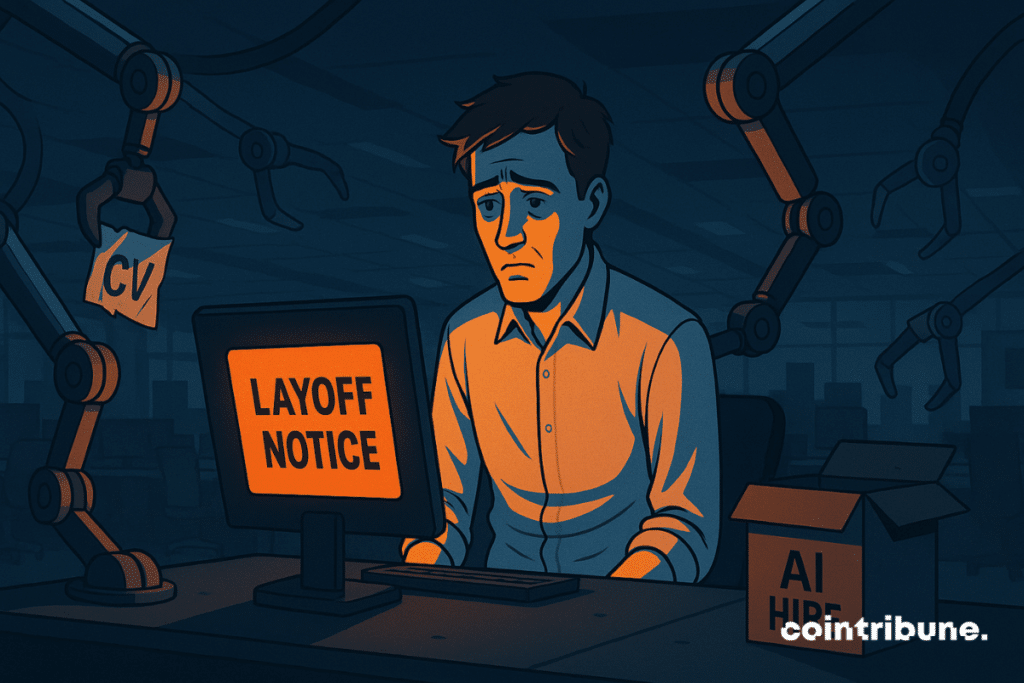 Young man dejected, isolated in an automated office, surrounded by robotic arms, fired by a relentless AI