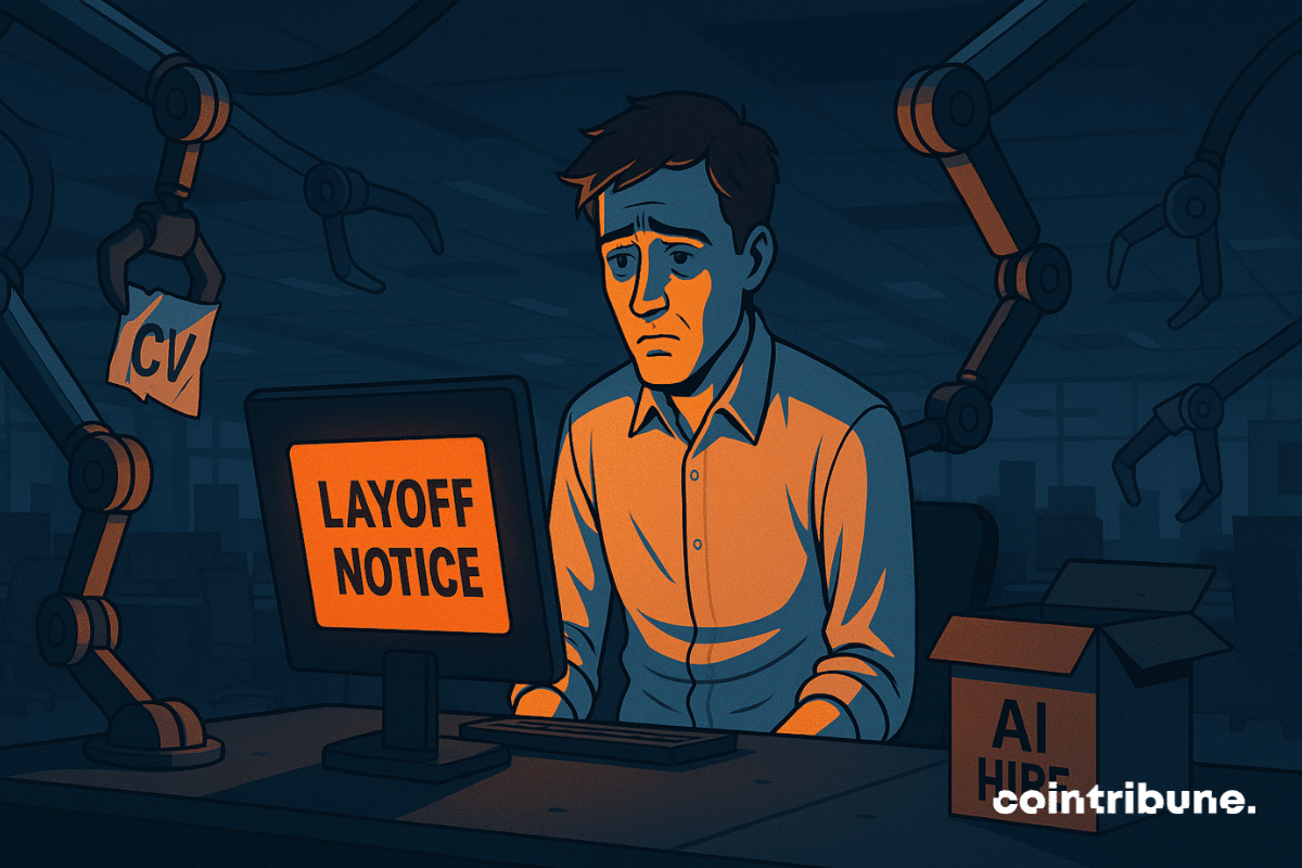 Young man dejected, isolated in an automated office, surrounded by robotic arms, fired by a relentless AI