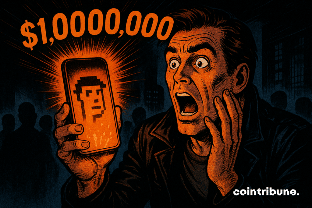 Shocked man stares at glowing phone showing CryptoPunk and ",000,000" in bold orange, 70s comic style.