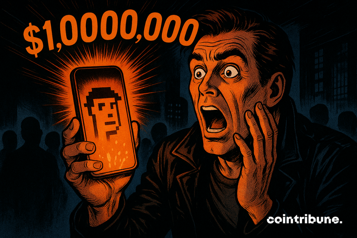 Shocked man stares at glowing phone showing CryptoPunk and ",000,000" in bold orange, 70s comic style.