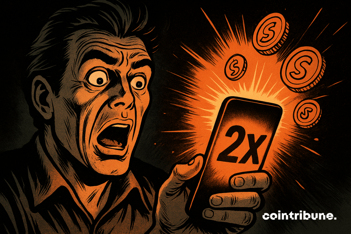 Shocked man lit by glowing phone, “2x” fees burst out with orange coins, vintage 70s comic style.