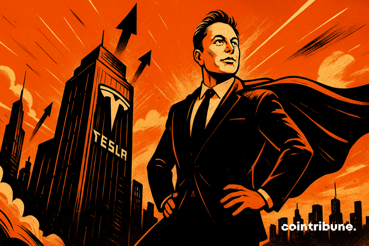Elon Musk as a heroic figure on a skyscraper representing Tesla
