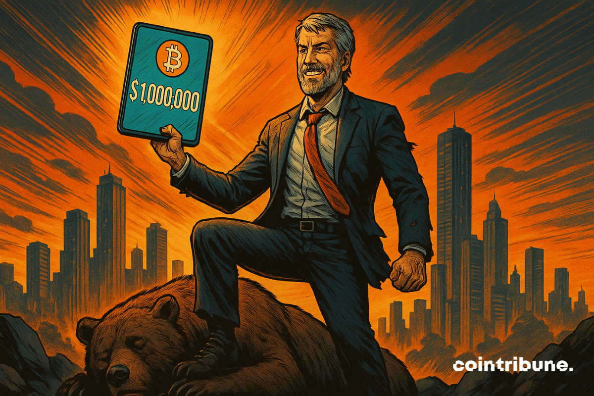 Michael Saylor triunfa sobre um urso derrotado, empunhando uma tela que exibe o Bitcoin a US$ 1.000.000, diante de uma cidade em chamas.