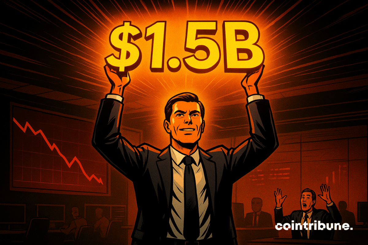 A triumphant CEO in a suit lifts a glowing ".5B" as traders react, set against a falling stock chart.