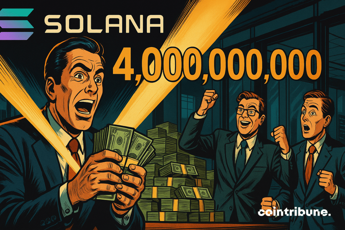Three businessmen in suits celebrate, amazed, a jackpot of  billion in cash, under the Solana logo.